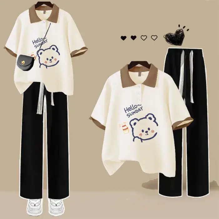 Mode col Polo à manches courtes T-shirt mignon ours en peluche haut ample femmes T-shirt décontracté