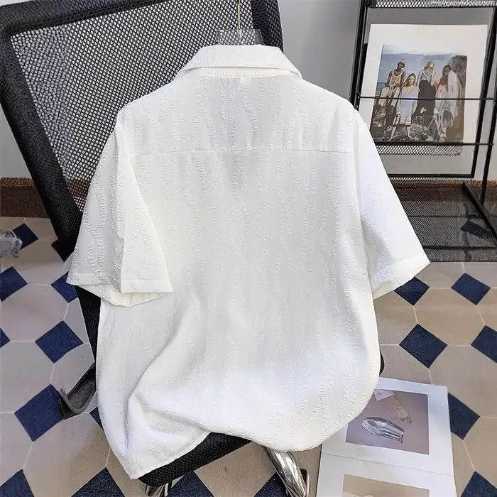 Chemise de plage ample à col cubain texturé à manches courtes pour homme – Tissu mélangé décontracté d'été à haute résistance des couleurs – Mode jeune