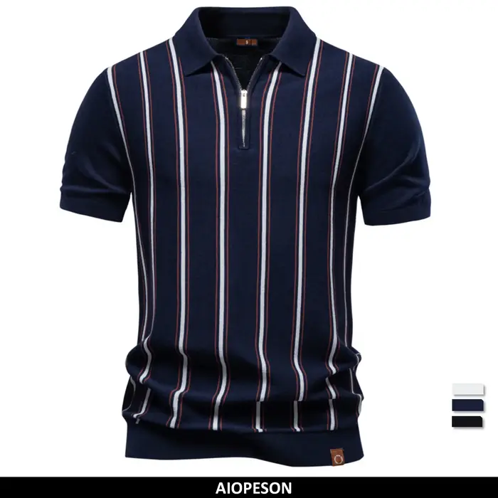 Polo Homme AIOPESON Style Old Money à Rayures Manches Courtes Tissu Doux Respirant Élégant Décontracté