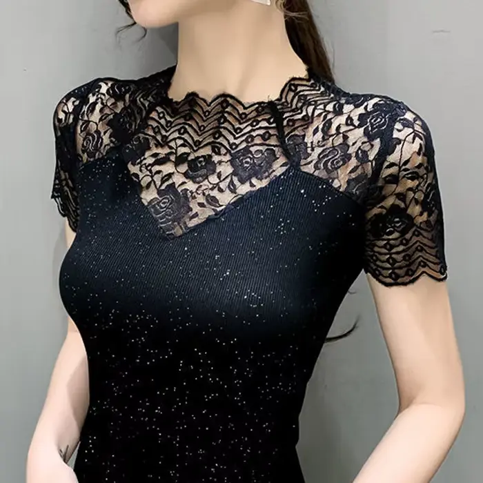 Été haut pour femme Patchwork soie brillante maille t-shirt Pathcwork manches courtes dentelle chemi