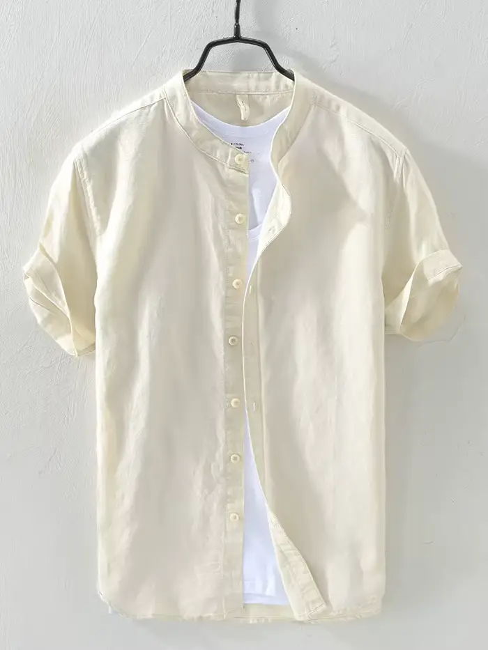 Chemise à manches courtes pour homme, col mandarin, mélange de lin, décontractée, ample, boutonnée, 