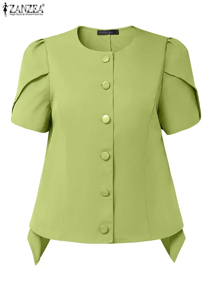 ZANZEA femmes mode asymétrique ourlet Chemises 2025 été col rond boutonné taille ajustée
