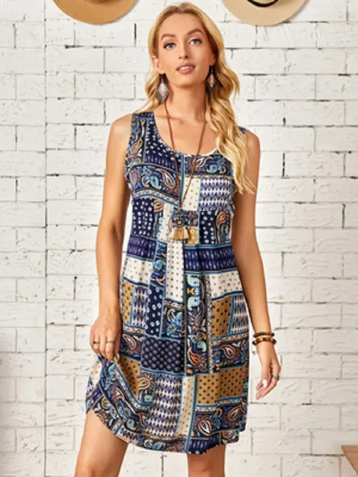 Robe sans manches imprimée style bohème