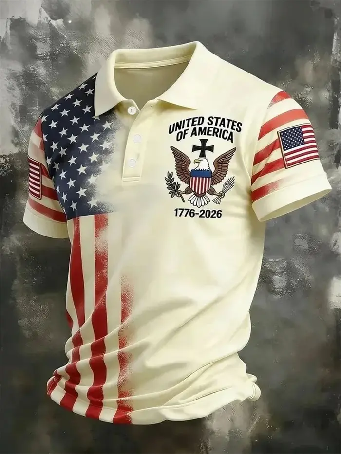 Polo pour Homme 2026 Tendance Motif Drapeau USA Impression 3D Manches Courtes T-shirt Vente Chaude Streetwear Été Boutonné Col Revers Ample