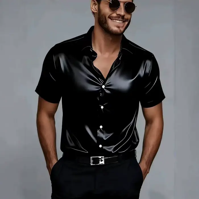 Chemise en satin de soie à manches courtes pour homme