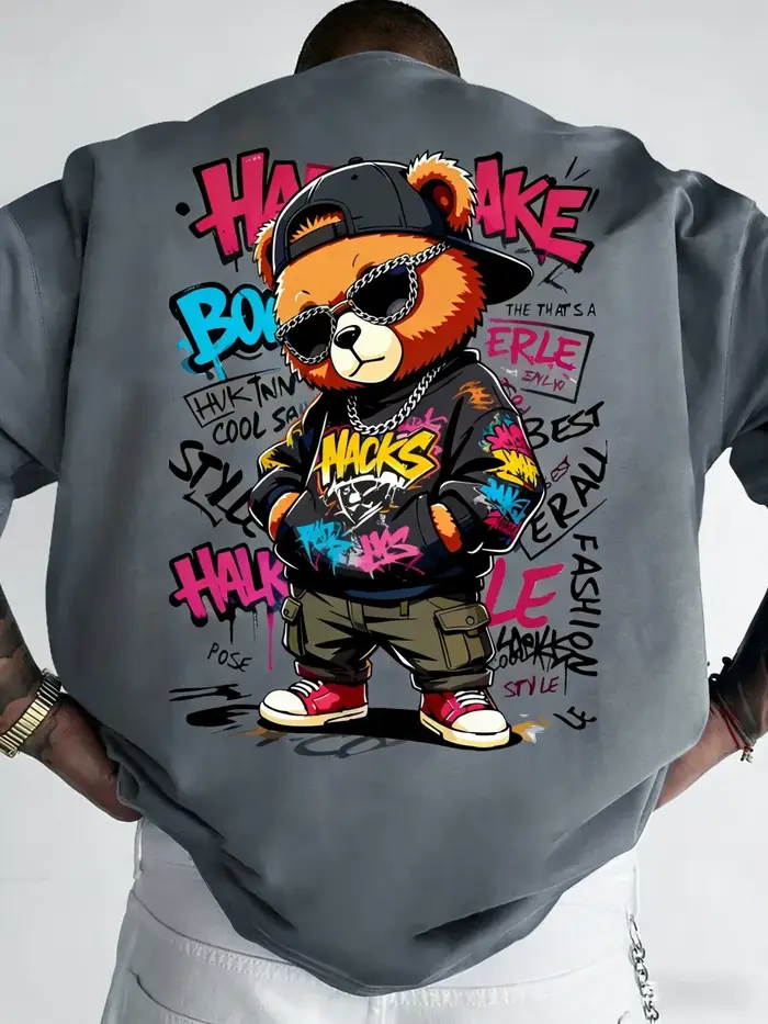 T-shirt à col rond pour hommes européens et américains, imprimé graffiti ours en peluche, confortabl