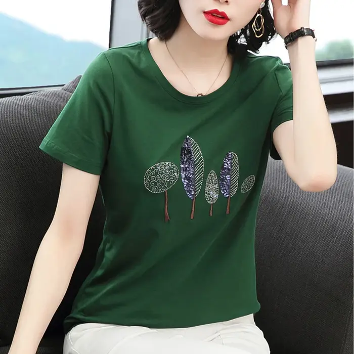 T-Shirt à paillettes Femme 2025 haut d'été broderie coton