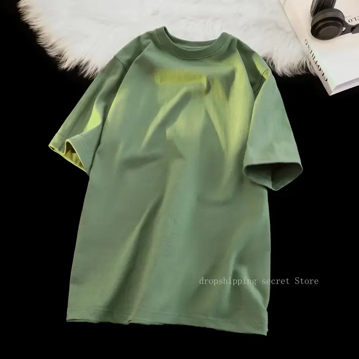 Cyan 400g coton lourd à manches courtes T-shirt été petit décolleté ample épais imperméable hommes et femmes t-shirts