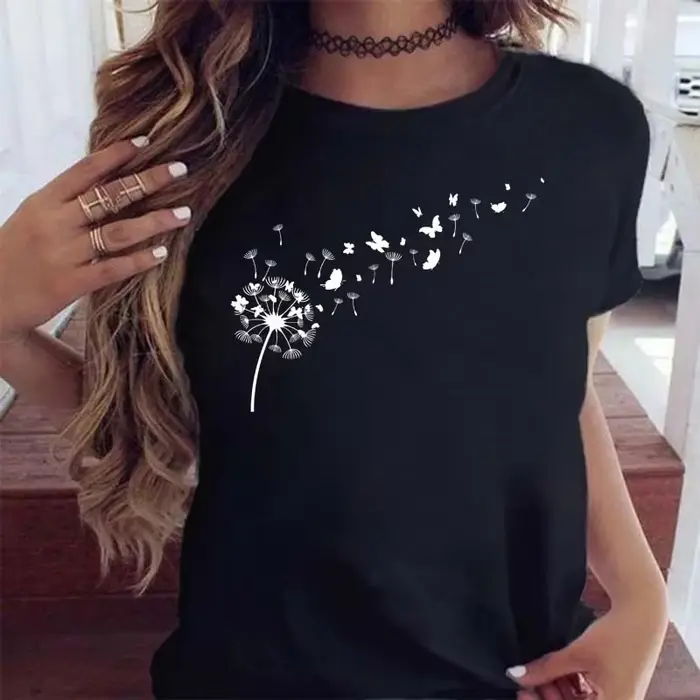 T-shirt à manches courtes pour femme avec imprimé graphique de pissenlit