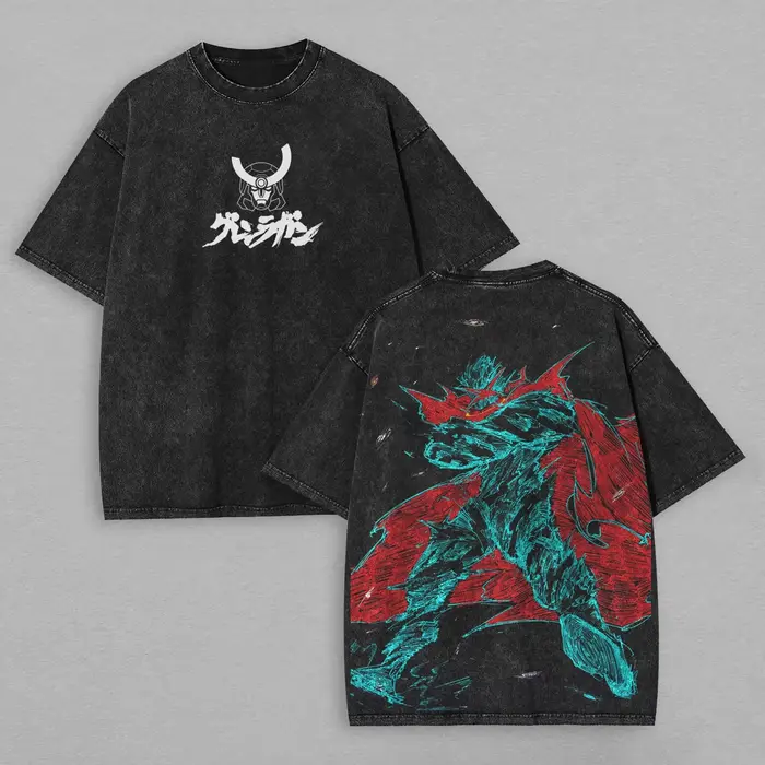 T-shirt noir délavé en coton oversize avec impression artistique anime avant et arrière de Tengen Toppa Gurren Lagann