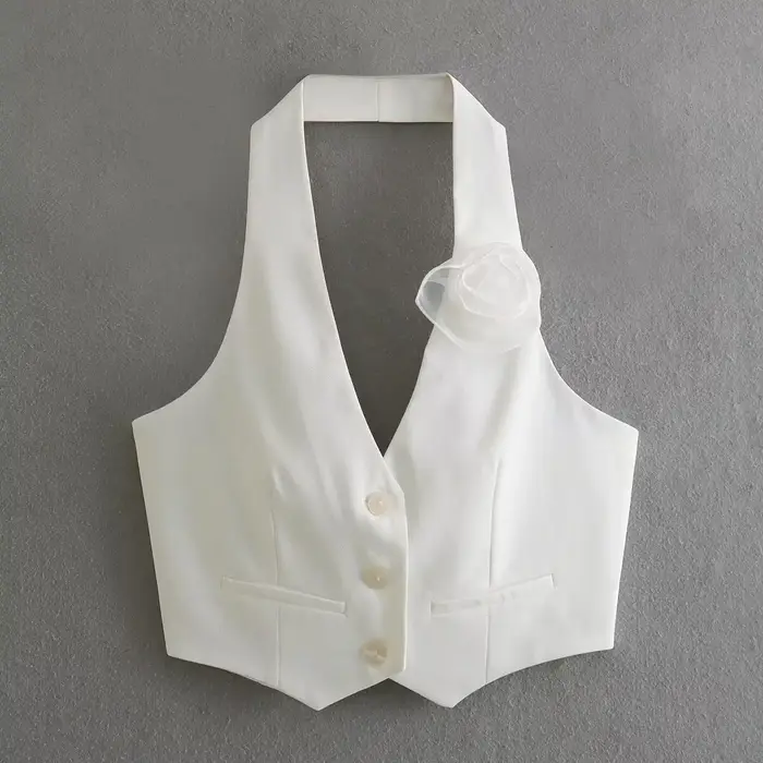 Tuularose fleur décoration gilet haut pour femmes col en V licou simple boutonnage