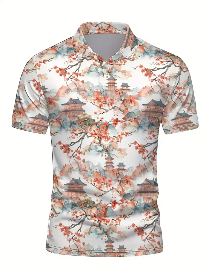 Polo à motif de fleurs de cerisier japonais pour hommes et femmes