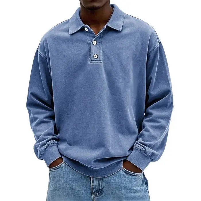 Nouveau T-shirt Polo Homme 2026 à Manches Longues, Effet Vieilli Lavé