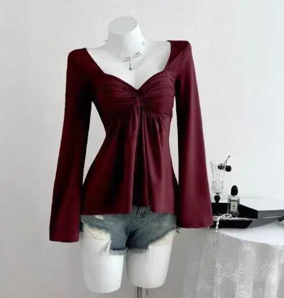 T-shirt Femme Printemps 2026 Nouvelle Tendance Sexy Mode Y2K Élégant Simple Col V Coupe Ajustée Manc