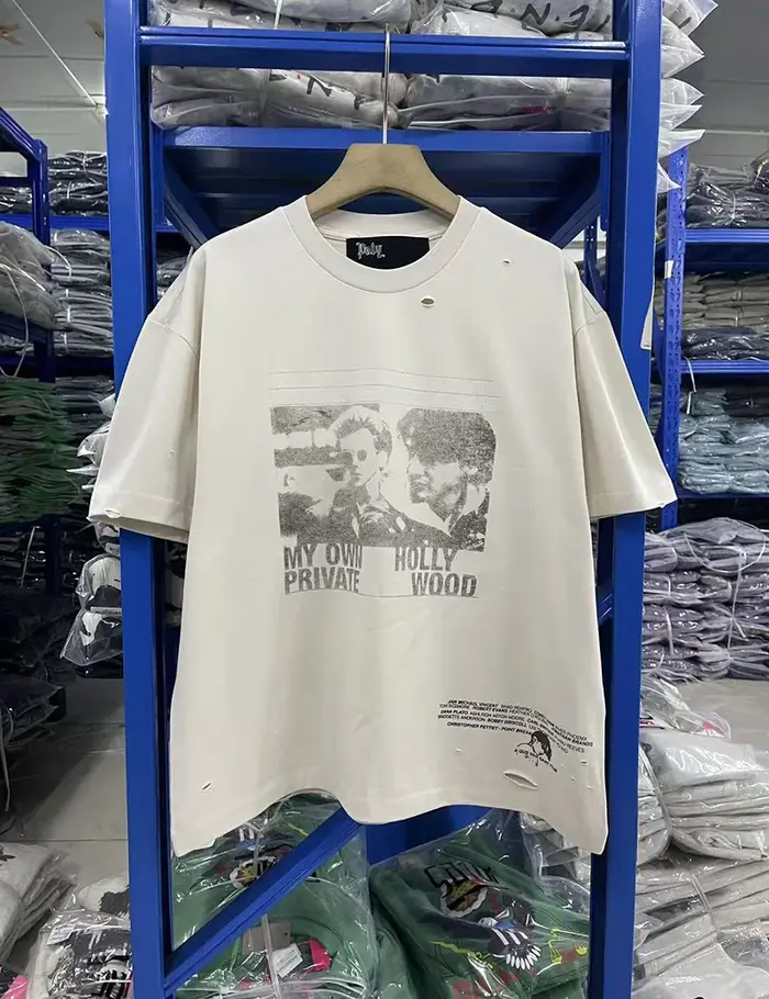 Nouveau Bonne qualité lavé bleu Paly t-shirts hommes femme Vintage haute rue mode col rond trou vieu