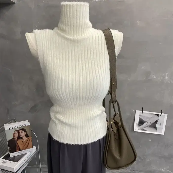 Pull gilet sans manches à col haut, Camisole pour femmes, couche intérieure chaude d'automne et d'hi