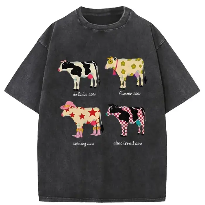 T-shirt tendance en coton pur avec imprimé vache de dessin animé, col rond, style neutre, nouvelle c