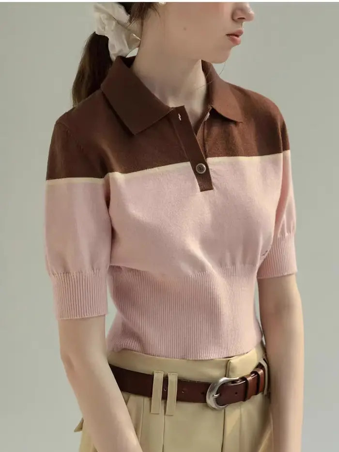 T-Shirt tricoté à col Polo contrasté français pour femmes