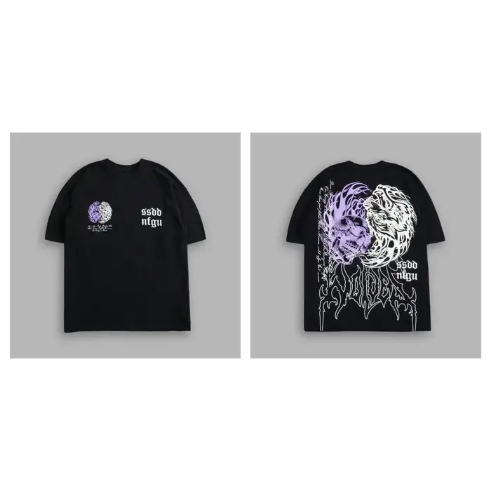 T-shirt en coton à col rond imprimé à motif tête de loup, style américain, pour hommes et femmes, à