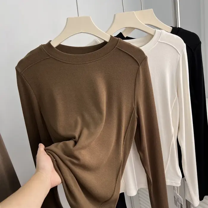 T-shirt à manches longues et col rond pour femme, haut basique décontracté et solide, printemps 2025