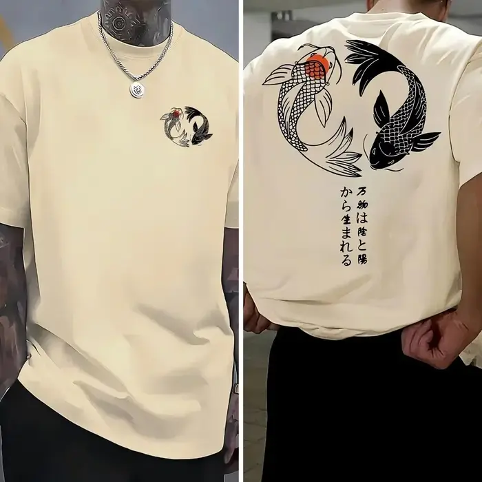 T-shirt en pur coton avec imprimé double poisson koi de style chinois sur les deux côtés, décontract