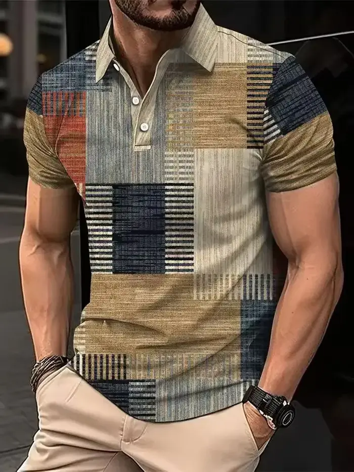 Polo à manches courtes pour homme, motif patchwork, gris, design confortable, idéal pour l'été