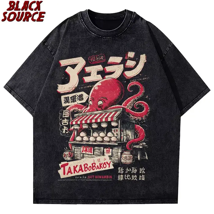 T176 T-shirt Takoyaki japonais avec boules de poulpe t-shirts graphiques pour les amateurs de nourriture de rue Anime coton haut ample surdimensionné