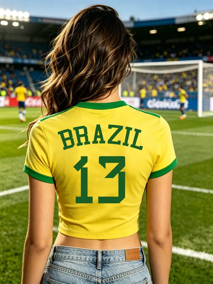 T-shirt court d'été pour femme, motif football brésilien, imprimé lettres et chiffres audacieux, tee