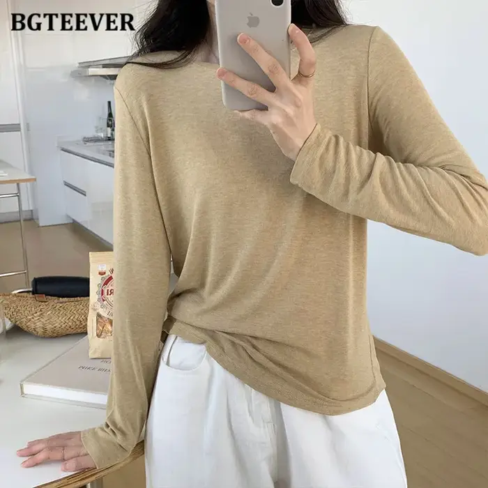 BGTEEVER-T-shirt en coton à manches longues pour femmes, Économie décontractés pour femmes, Noir et 