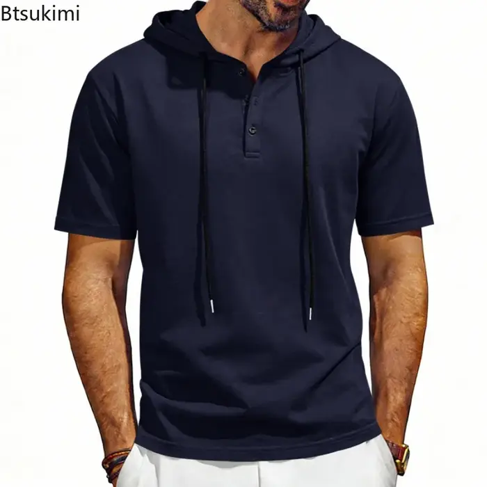 T-shirt à capuche confortable à manches courtes pour homme 2026 – Col Henley