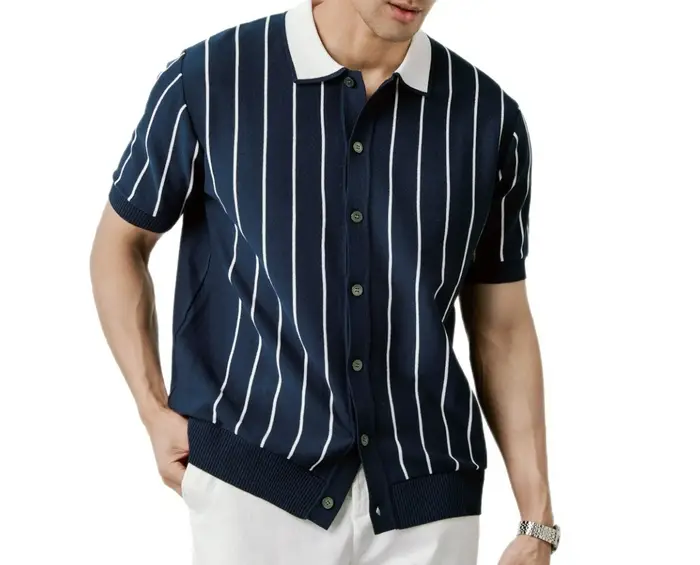 Polo rayé décontracté pour homme – Haut fin tricoté à col revers et manches courtes pour l'été