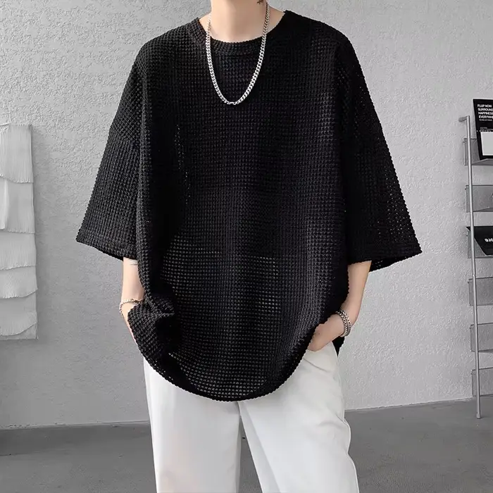 Chemise de Base hommes été surdimensionné demi manches T-Shirt Semi Transparent perforé respirant Streetwear