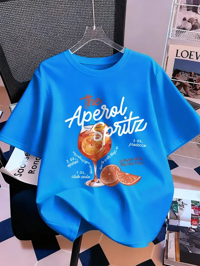 Aperol Spritz citron boisson imprime T-Shirt femmes coton été à manches courtes hauts confortable ample col rond