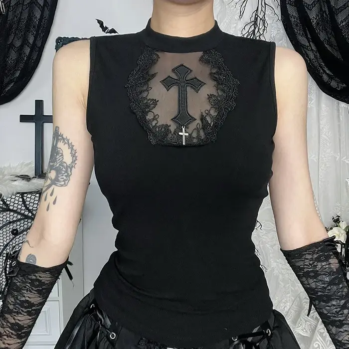 Goth foncé été réservoirs haut solide basique Techwear hauts femmes centre commercial gothique maille Patchwork croix gilet sans manches T-shirt Alt vêtements