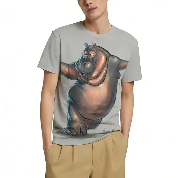 T-shirt à imprimé graphique hippopotame de dessin animé, personnalité animale, mode masculine, décontracté, drôle, impression 3D, streetwear, basique, col rond, manches courtes