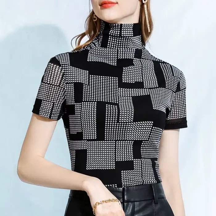 T-Shirt à Col Roulé et Manches Courtes en Maille pour Femme, Style Coréen, Simple, Décontracté, Slim