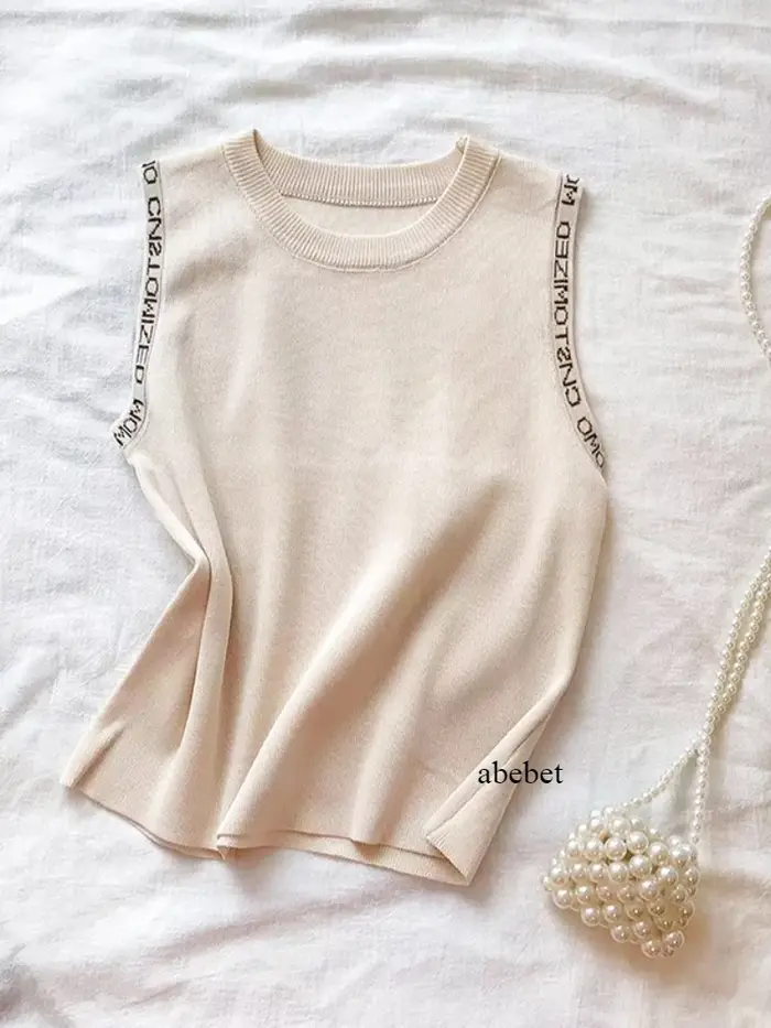 Débardeur Chic en tricot blanc pour femmes, gilet Chic sans manches, décolleté côtelé, lettre, tenue