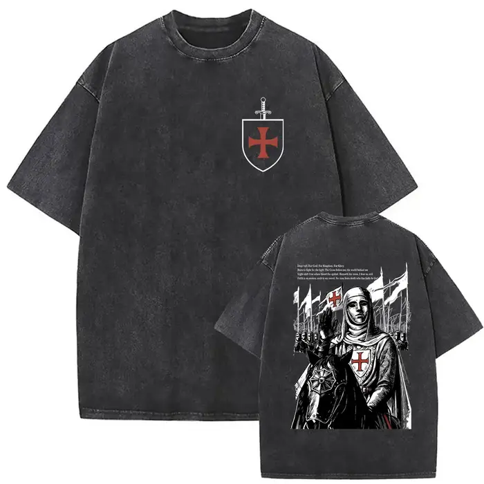 T-shirts vintage lavés Deus Vult Chevaliers Templiers Croisades pour hommes – T-shirt rétro en coton