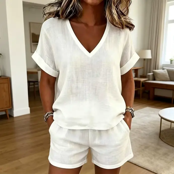 Ensemble T-shirt et Short Femme Col V Manches Courtes Haut