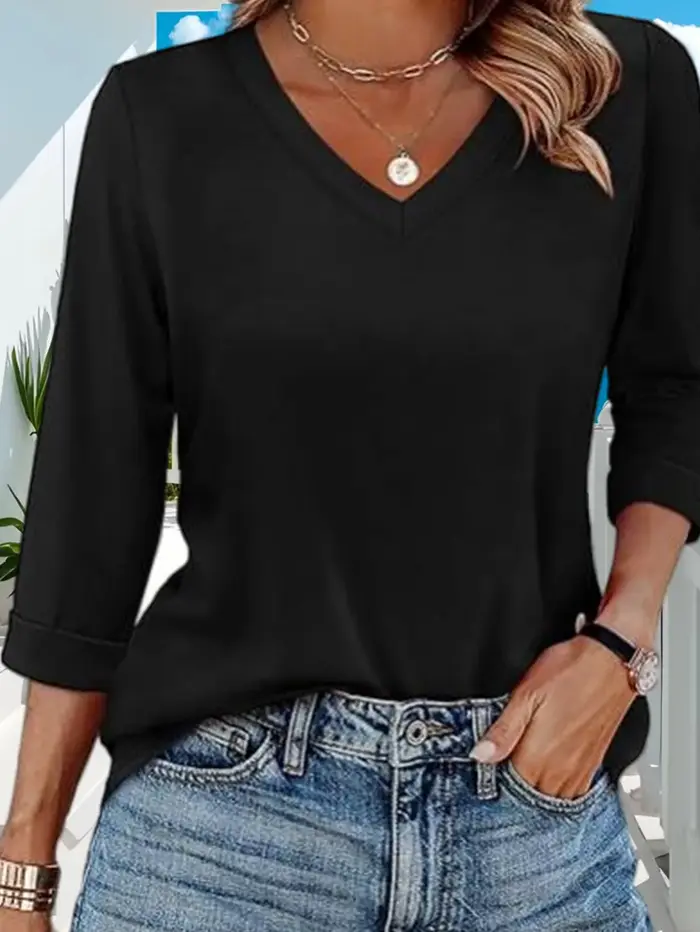 Nouveau T-shirt polyvalent pour femme style occidental 2026 à manches trois-quarts et col en V