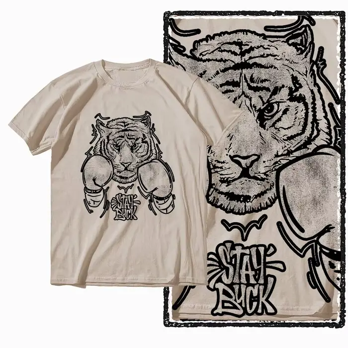 T-shirt pour homme en coton vintage beige imprimé tigre G41