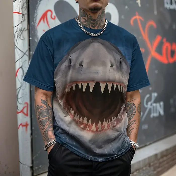 T-shirt à manches courtes pour homme avec imprimé requin et lunettes de soleil, fond bleu océan, sty