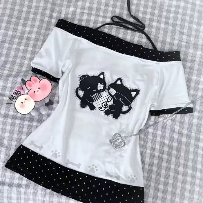 T-shirt pour femme, imprimé à pois, style japonais, kawaii, dessin animé, ample, décontracté, contra