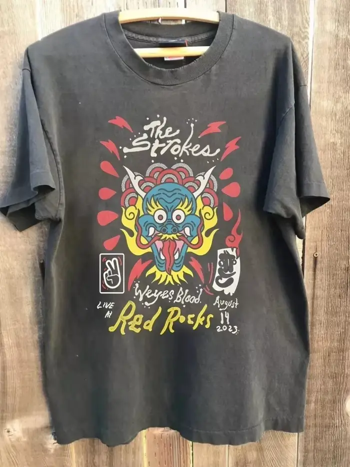 T-shirt rétro des années 90 The Strokes Band Red Rock Concert, gris anthracite, motif imprimé, adapt