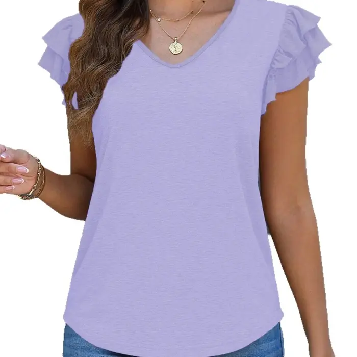 T-shirt à manches courtes pour femmes, style 2026, couleur unie, col en V, manches bouffantes, print