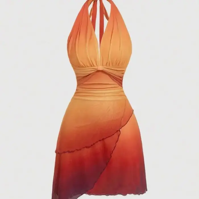 Robe asymétrique à bretelles spaghetti, dos nu, avec nœud papillon dégradé