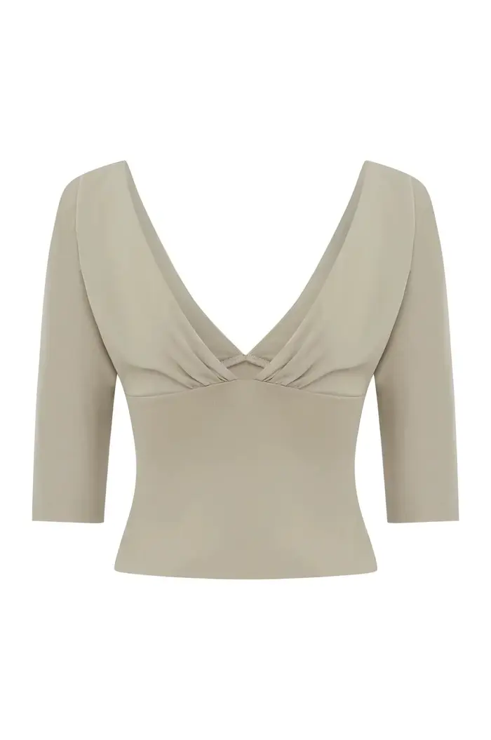 Haut pour femme avec col en V, manches mi-longues, cintré à la taille, ajusté, amincissant, basique 
