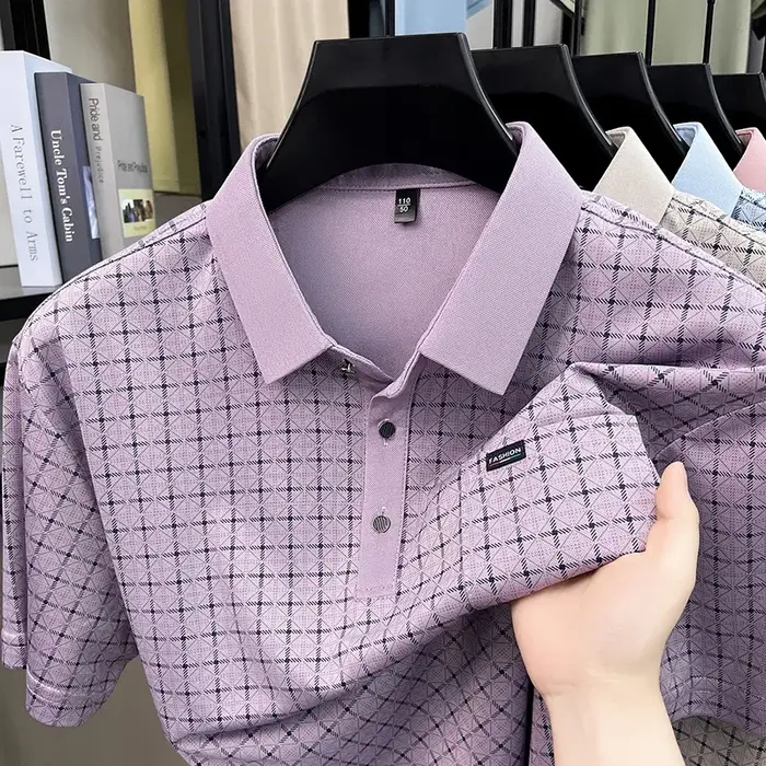 Polo homme à carreaux coupe décontractée avec col à revers