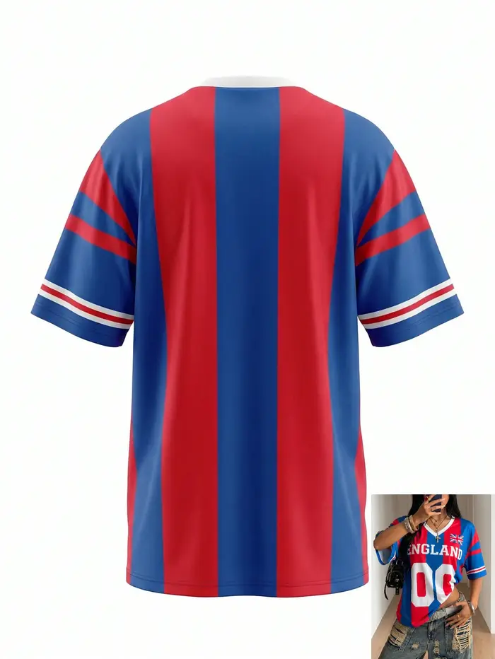 T-shirt Rayé Style Rétro Anglais 00 Imprimé Color Block Rayures Verticales Rouge Bleu Coupe Ample Sp