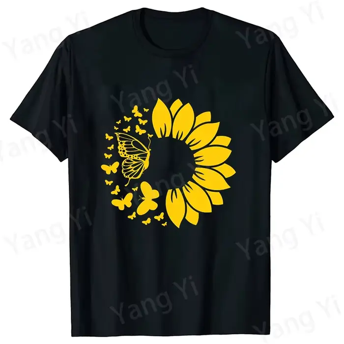 T-shirt à manches courtes pour hommes et femmes, design combinant des tournesols et des papillons, à